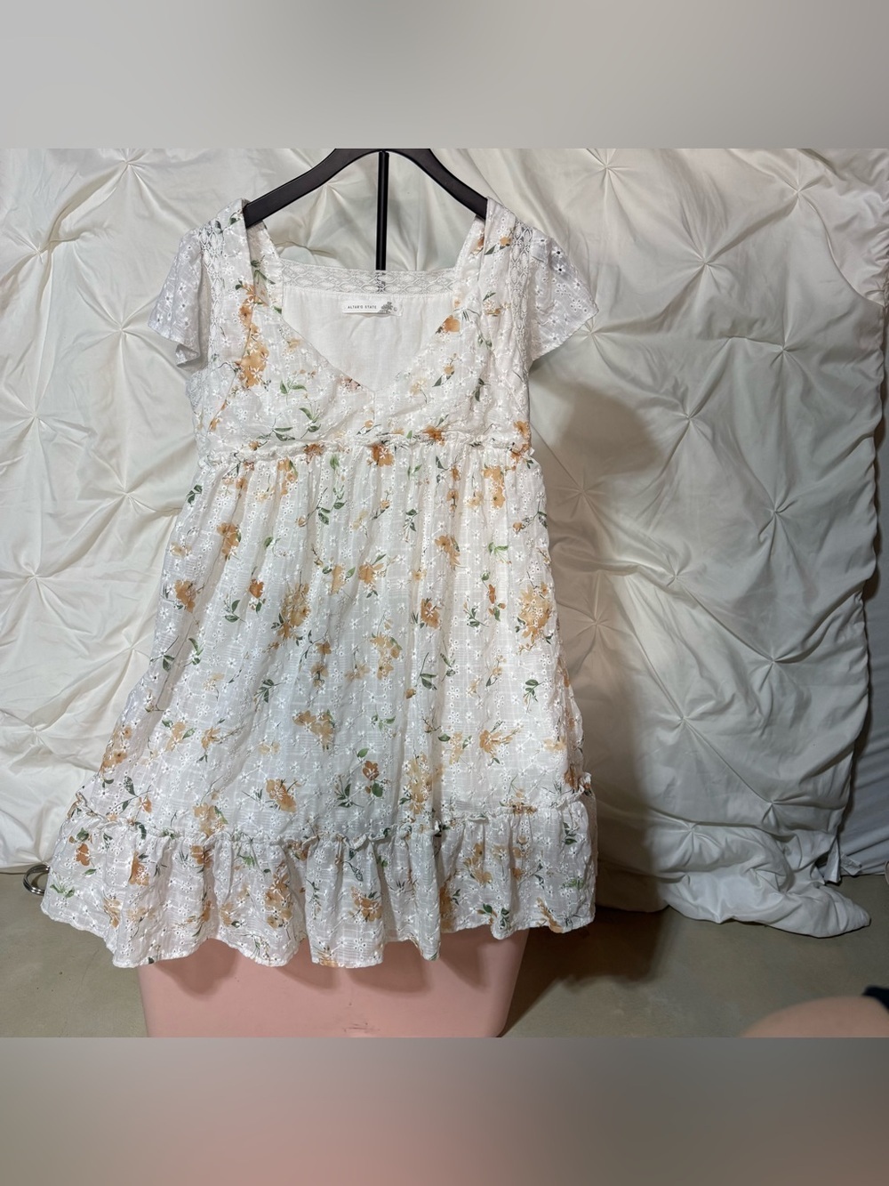 Altar'd State White Floral Eyelet Dress with Yellow and Green Accents